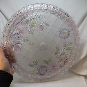 Vintage Riccardo Large Cake Pedestal Glass Floral & Leaves 13" Pastel